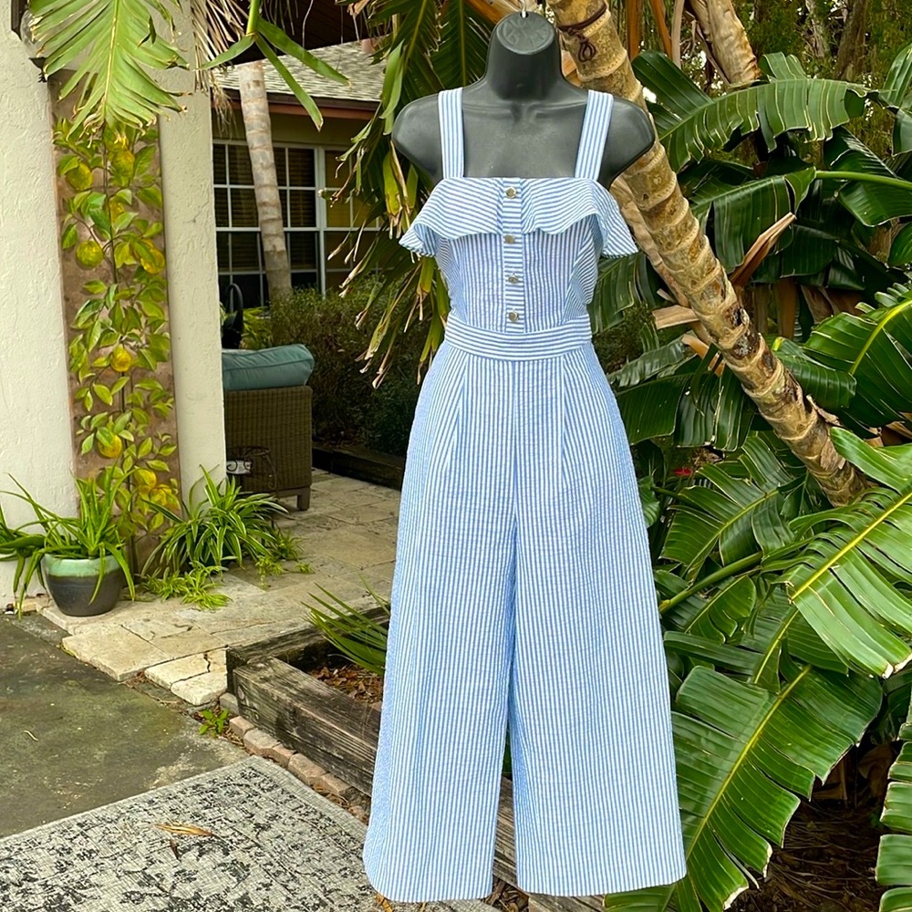 Zara striped crop jumpsuit with ruffle top